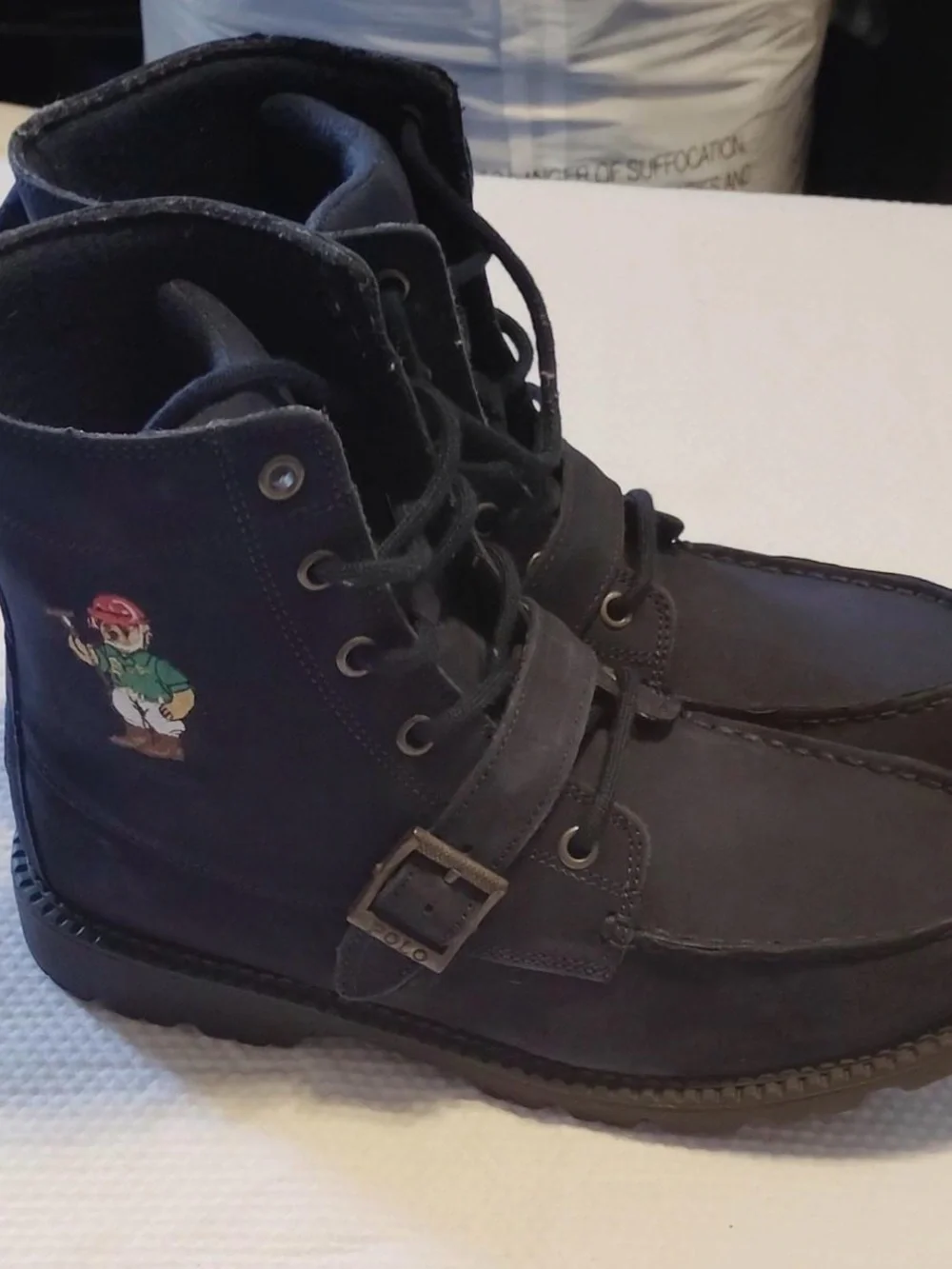 Kids Navy Blue Lace-Up Ankle Boots with Embroidered Character